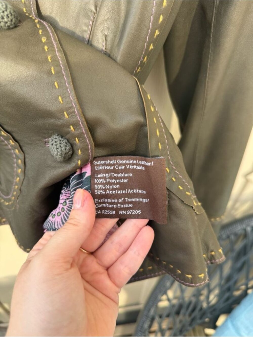 Vintage Danier Genuine Leather Olive Green Jacket with Pink & Yellow Stitching - Picture 10 of 11